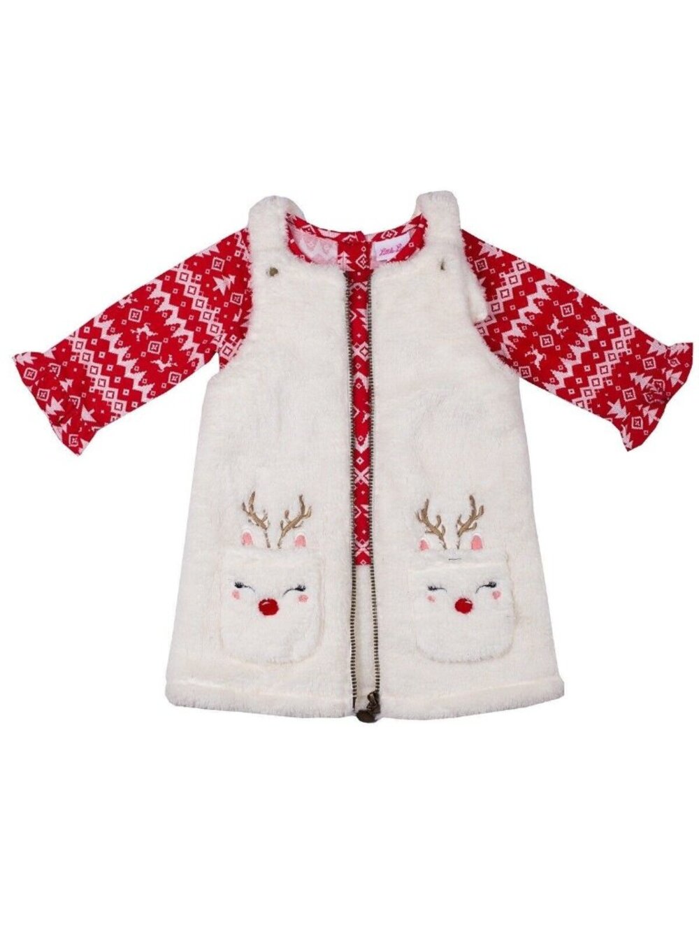 LITTLE LASS Toddler Girl 2 Piece Reindeer Jumper Set Romper Sherpa Christmas 4T